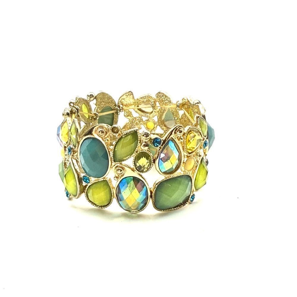 Multi Colored Green Stone on Silver Tone Metal Stretch Bracelet